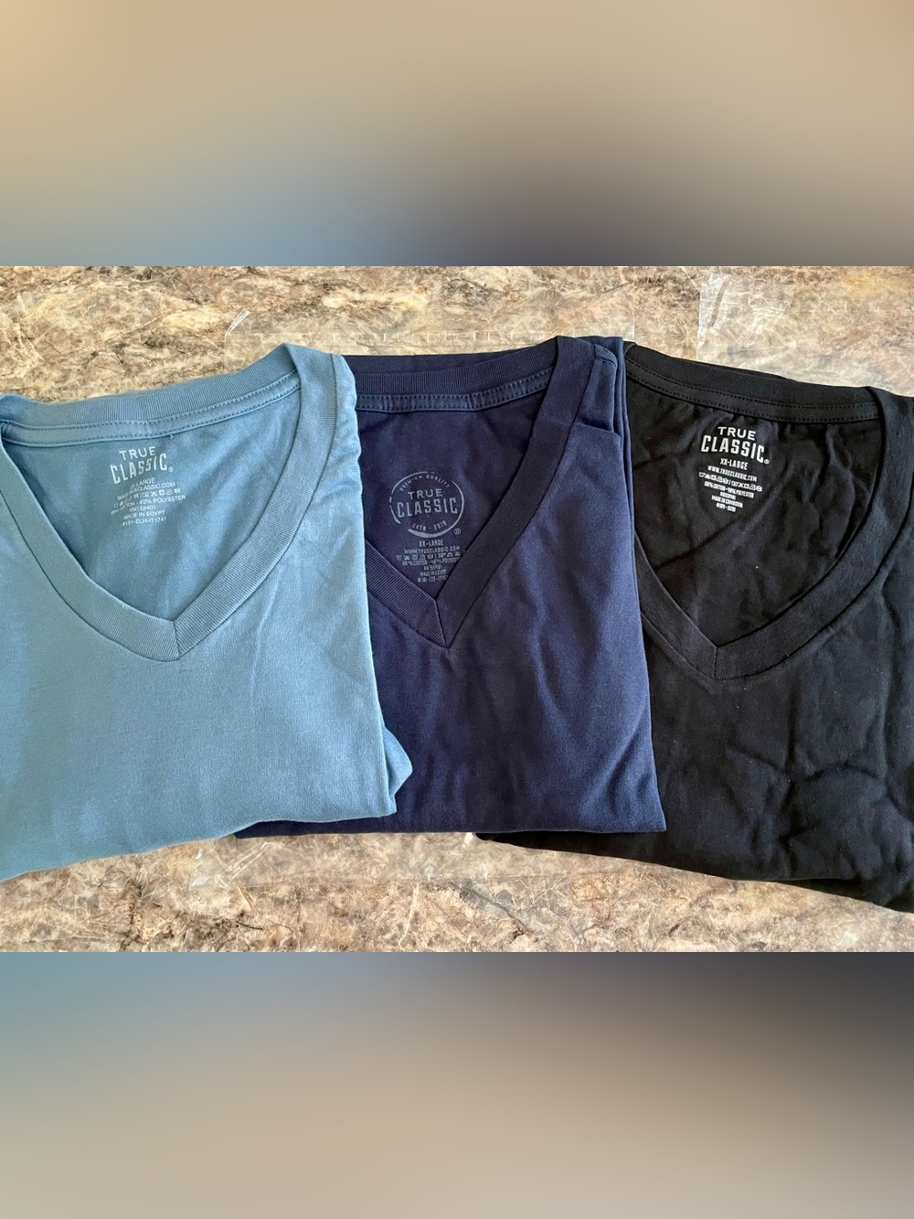 True Classic Men's V-Neck Short Sleeve Tee - Blue, Navy, Black (3-Pack)